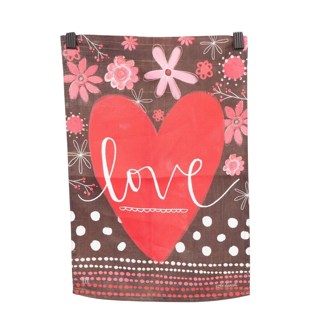 Love Garden Flag Valentines Day 13"x18" Heart Flowers Pink Brown Katie Doucette - Picture 1 of 5